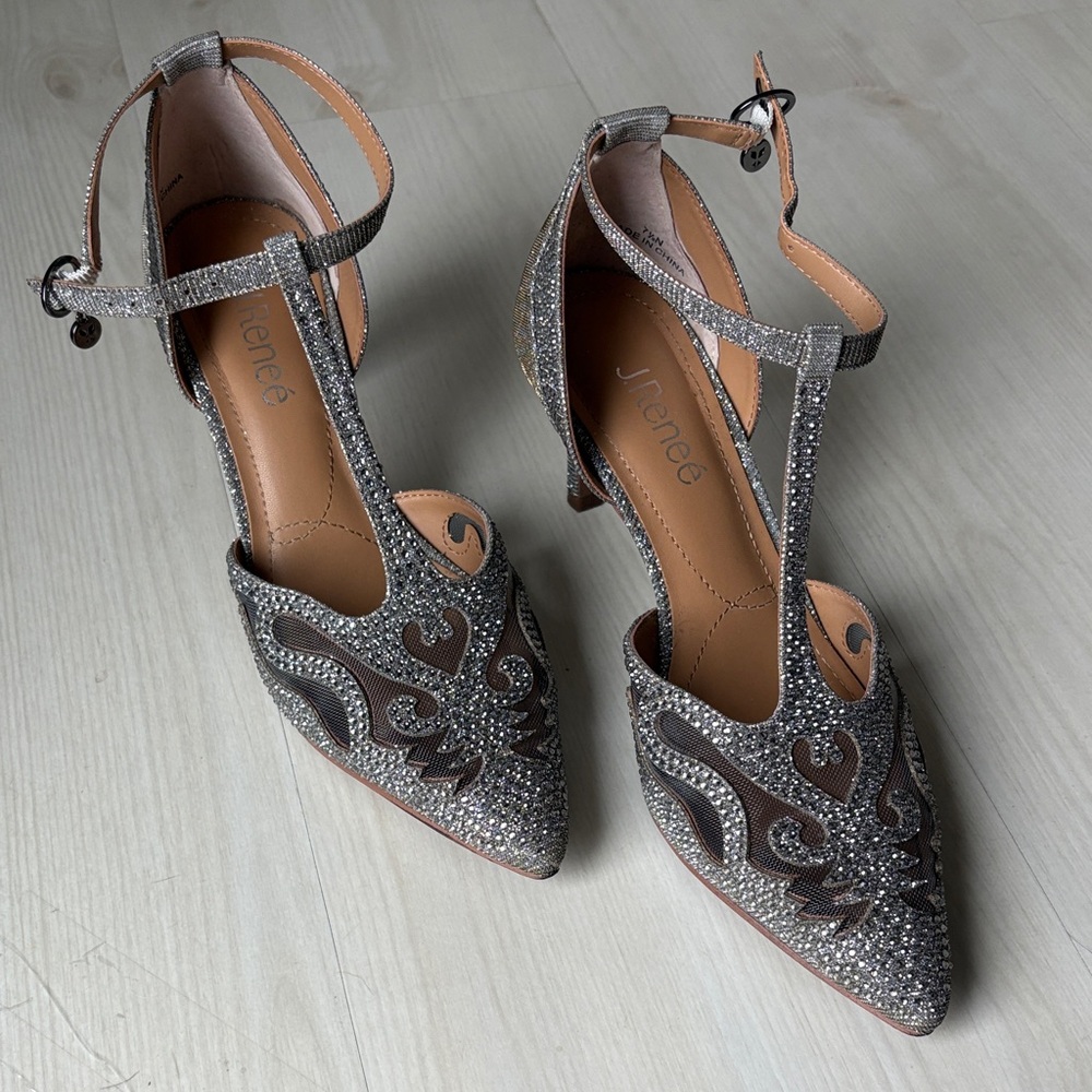 J.Renee Silver Embellished T-Strap Heels